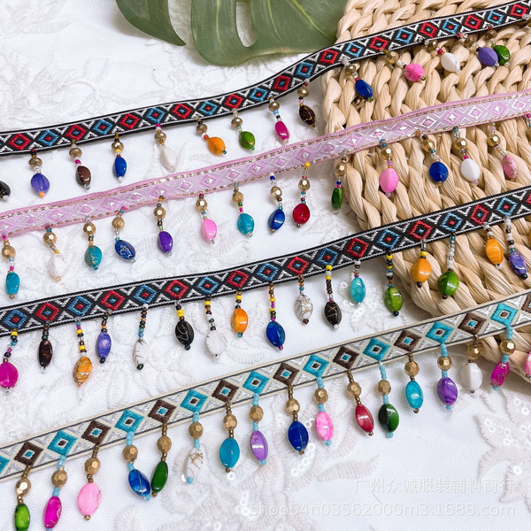 Colored stone tassel lace